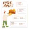 Burger menu handwritten sign for fast food restaurant. Vector stock illustration isolated on white background for design