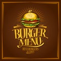 Burger menu lettering design with royal crown hamburger, fast food retro style poster Royalty Free Stock Photo