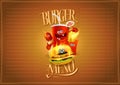 Burger menu list design concept for fast food with hot dog, burger, french fries and soda drink as a cartoon personages