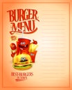 Burger menu list design, fast food with hot dog, burger, french fries and soda drink as a cartoon personages