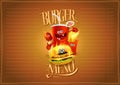 Burger menu list design with hot dog, burger, french fries and soda drink as a cartoon personages, copy space for text