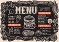 Burger menu template for restaurant on blackboard.