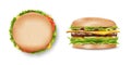 Burger mockup for your design, delicious hamburger side and top view. Realistic burger with refreshing ingredients. 3d