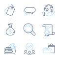 Burger, Money bag and Search icons set. Messenger, Gifts and Sale tags signs. Vector