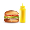 Burger and mustard bottle isolated