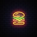 Burger neon for decoration design. Symbol, logo illustration. Vector logo illustration. Vector design