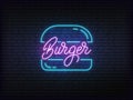 Burger neon glowing sign. Bright vector label of burger and lettering