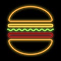 Burger neon sign. Hamburger icon on black background. Luminous advertising. Royalty Free Stock Photo