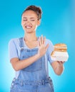 Burger, no and woman reject fast food choice and unhappy gives bad, disgust and frustrated review for diet protection