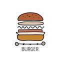 Burger, outline simple style. fast food design icon for print, web or mobile app