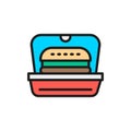 Burger in packing, fast food takeaway flat color line icon.