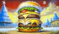 Burger painted with oil paints against the background of a village.