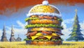 Burger painted with oil paints against the background of a village.