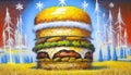 Burger painted with oil paints against the background of a village.