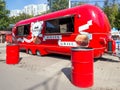 Burger `Panorama` in the form of a bus. Embankment of the reservoir, Voronezh