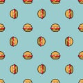 Burger pixel art pattern seamless. Hamburger pixelated background. Fast food 8 bit texture