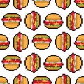 Burger pixel art pattern seamless. Hamburger pixelated background. Fast food 8 bit texture
