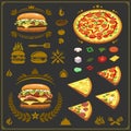 Burger, pizza and bbq emblems, labels and design elements. Fast food restaurant logo design template. Royalty Free Stock Photo