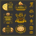 Burger, pizza and bbq emblems, labels and design elements. Fast food restaurant logo design template. Royalty Free Stock Photo