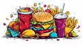 Burger, pizza, cool drinks, noodles, salads, French fry, ice cream coloring concept