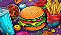 Burger, pizza, cool drinks, noodles, salads, French fry, ice cream coloring concept