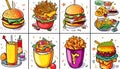 Burger, pizza, cool drinks, noodles, salads, French fry, ice cream coloring concept