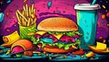 Burger, pizza, cool drinks, noodles, salads, French fry, ice cream coloring concept