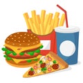 Burger, pizza, fries and a drink on a white background.