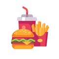 Burger, potato fries and soda cup. Fast food icon