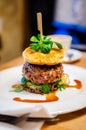 Burger with ramen noodles Royalty Free Stock Photo