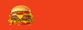 Burger on red background, Beautiful tasty burger on flat red banner copy space