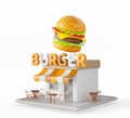 Burger restaurant building, fast food cafe with tables and chairs on street. Isometric 3d render mockup of small Royalty Free Stock Photo