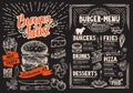 Burger restaurant menu on blackboard. Vector food flyer for bar