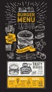 Burger restaurant menu. Food flyer for bar and cafe. Design temp