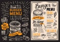 Burger restaurant menu. Food flyer on blackboard background for