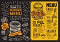 Burger restaurant menu. Vector food flyer for bar and cafe. Design template with vintage hand-drawn illustrations on chalkboard b