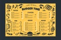 Burger restaurant vafe menu template on yellow background. Grill BBQ menu, Sketch cover template, american kitchen