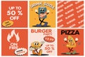 Burger retro cartoon fast food posters and cards. Comic character slogan quote and other elements