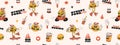 Burger retro cartoon fast food seamless pattern. Groovy funky trendy vector background. Royalty Free Stock Photo