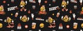 Burger retro cartoon fast food seamless pattern. Groovy funky trendy vector background.