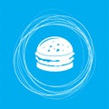 Burger, sandwich, hamburger icon on a blue background with abstract circles around and place for your text.