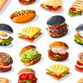 Burger sandwich pattern. Seamless print of fast food sandwiches, hamburger with cheese tomato lettuce onion BBQ sauce Royalty Free Stock Photo