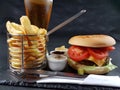 Burger sauces cutlery plate beer metal metalbasket chipbasket