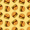 Burger, seamless pattern with cute fast food characters on dotted background