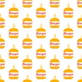 Burger seamless pattern. Burger with lettering in retro color palette. Fast food concept in flat design