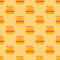 Burger seamless pattern. Burger with lettering in retro color palette. Fast food concept in flat design