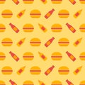 Burger seamless pattern. Burger with sauces in retro color palette. Fast food concept in flat design