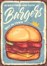 Burger sign design in retro style made for restaurants and fast food stores.