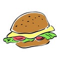 Burger single vector clip art. Outline doodle illustration of fast food