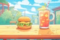 a burger and soda on an outdoor summer table